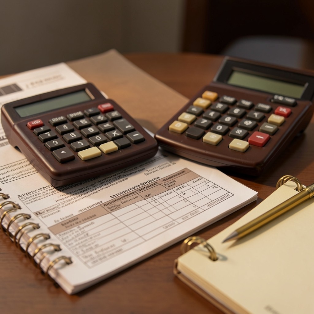 Calculadora y documentos de finiquito sobre escritorio